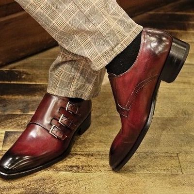 New men burgundy tripple monk beauty leather wedding formal leather shoes