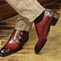 New Men Burgundy Tripple Monk Beauty Leather Wedding Formal Leather Shoes - Thumbnail 1