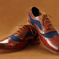 Handmade men tan brown and blue shoes spectator dress shoes for men suede leather - Thumbnail 4