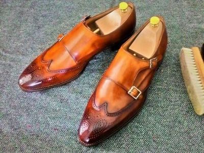 Handmade Men Tan Wing Tip Brogue Double Monk Strap Business Leather Shoes