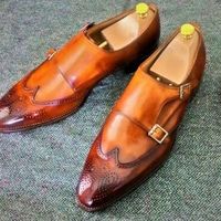 Handmade Men Tan Wing Tip Brogue Double Monk Strap Business Leather Shoes - Thumbnail 4