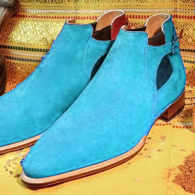 Men handmade half ankle chelsea buckle fastening formal boot in genuine suede