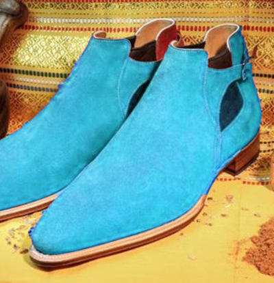 Men Handmade Half Ankle Chelsea Buckle Fastening Formal Boot In Genuine Suede