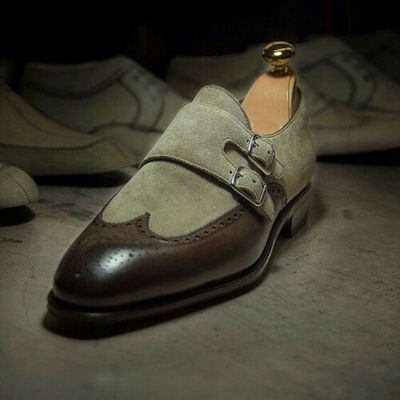Handmade Men Two Tone Wing Tip Brogue Double Monk Strap Leather Suede Shoes