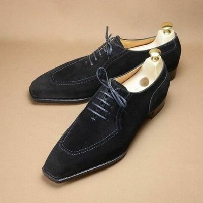 Handmade men's black lace up almond toe dress shoes, real suede office shoe - Thumbnail 3
