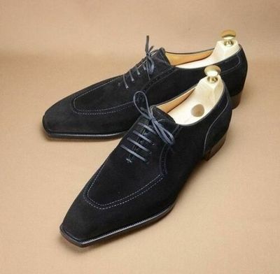 Handmade Men's Black Lace Up Almond Toe Dress Shoes, Real Suede Office Shoe