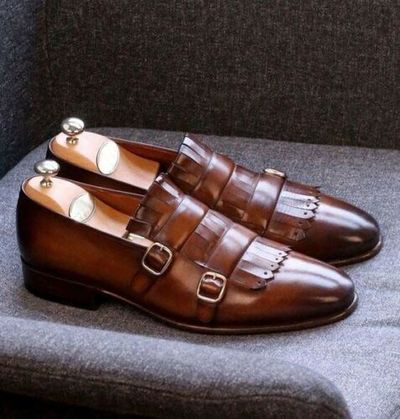 Handmade Men Tan Double Monk Strap Brogue Fringes Business Leather Shoes