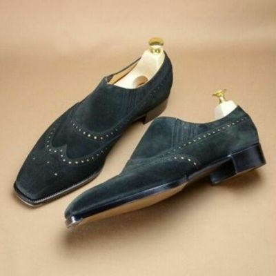 Handmade men wing tip brogue square toe moccasin dress business suede shoes - Thumbnail 2