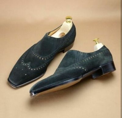 Handmade Men Wing Tip Brogue Square Toe Moccasin Dress Business Suede Shoes