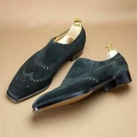 Handmade Men Wing Tip Brogue Square Toe Moccasin Dress Business Suede Shoes - Thumbnail 4