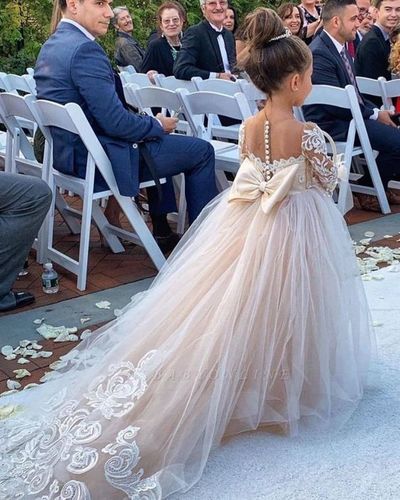 Princess Jewel Long Sleeves Sweep Train Lace Tulle Flower Girl Dresses with Bowknot