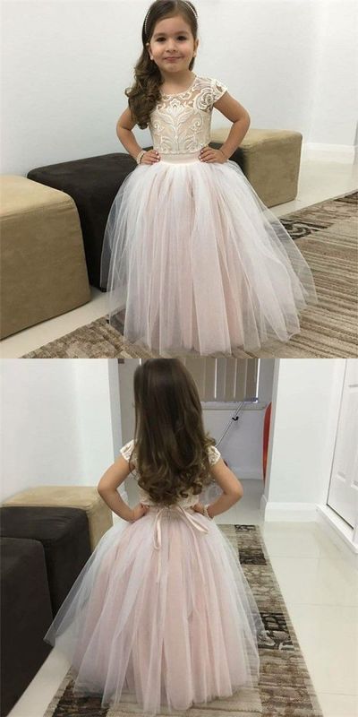 Ball Gown Round Neck Pink Tulle Flower Girl Dresses with Lace&Bow Knot