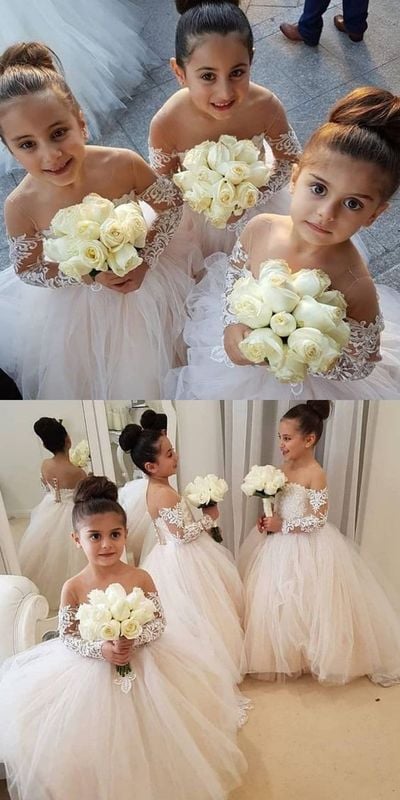 Pretty Tulle Bateau Neckline Ball Gown Flower Girl Dress With Lace Appliques