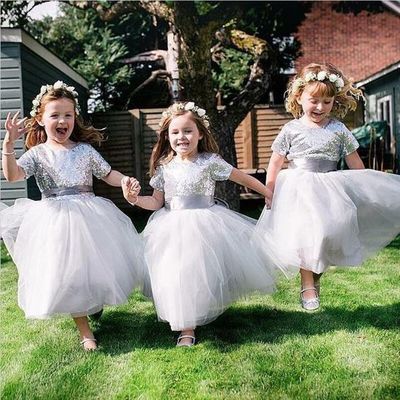 Silver Sequins Flower Girl Dress with Ribbon