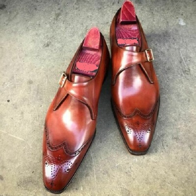 Handmade Men's wing Tip Brogue Monk Strap Business Dress Shoes Real Leather Shoe