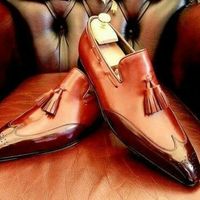 Handmade Men's wing Tip Brogue Slip On Business Dress Shoes Real Leather Shoes - Thumbnail 4