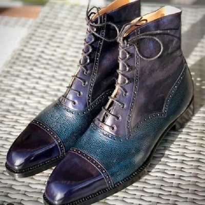 New handmade two tone pebbled leather ankle high caps toe dress lace up boots for men's - Thumbnail 3