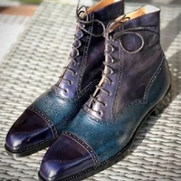 New Handmade Two Tone Pebbled Leather ankle High Caps Toe Dress Lace up Boots for Men's - Thumbnail 1