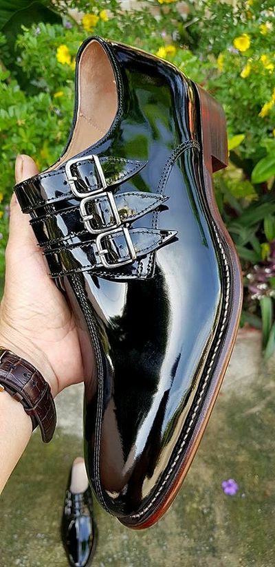 Handmade Men's Black Triple Monk Strap Dress Business Shoes Real Leather Shoes