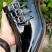 Handmade Men's Black Triple Monk Strap Dress Business Shoes Real Leather Shoes - Thumbnail 4
