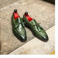 Handmade Men 's Green Tassels Moccasin Dress Business Shoes Real Leather Shoes - Thumbnail 1