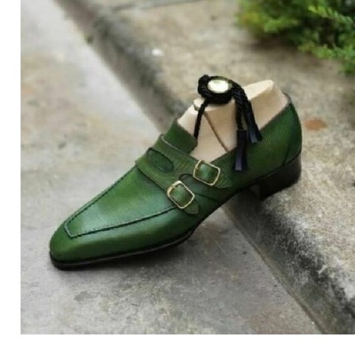 Handmade Men 's Green Double Monk Strap Dress Business Shoes Real Leather Shoes