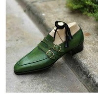 Handmade Men 's Green Double Monk Strap Dress Business Shoes Real Leather Shoes - Thumbnail 4
