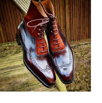 New Men Handmade Burgundy Leather Suede Wing Tip Ankle High Dress Boots For Men's