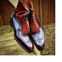 New Men Handmade Burgundy Leather Suede Wing Tip Ankle High Dress Boots For Men's - Thumbnail 1
