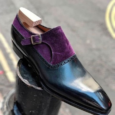 Handmade two tone purple black leather suede single monk strap stylish shoes for men's - Thumbnail 2