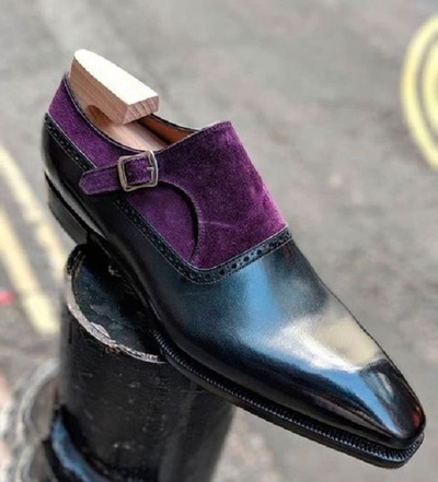 Handmade Two Tone Purple Black Leather Suede Single Monk Strap Stylish Shoes for Men's