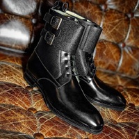 New Men Handmade Black Pebbled Leather Buckle Lace Up Ankle High Boots for Men's - Thumbnail 4