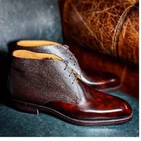 New Men Handmade Chukka Burgundy Pebbled Leather High Ankle Lace Up Boots for Men's - Thumbnail 4