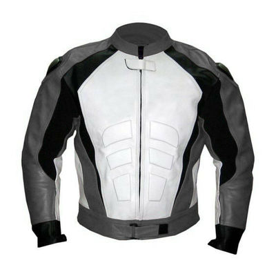 Custom men grey & white biker black stripped elegant leather safety pad jacket - Thumbnail 3