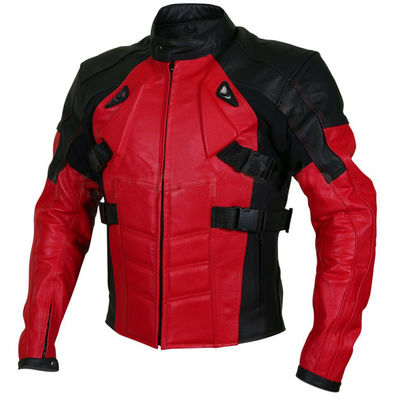 Customized men black red cont motorbike real genuine leather safety pads jacket - Thumbnail 3