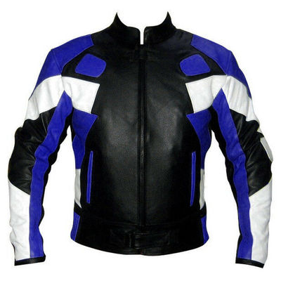 Customized men three tone black blue white real biker leather safety pads jacket - Thumbnail 4