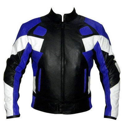 Customized Men Three Tone Black Blue White Real Biker Leather Safety Pads Jacket