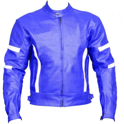Custom men blue motor bike genuine white stripes leather safety pads jacket - Thumbnail 4
