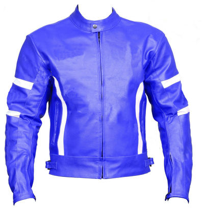Custom Men Blue Motor Bike Genuine White Stripes Leather Safety Pads Jacket