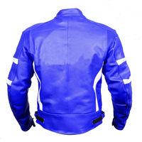 Custom Men Blue Motor Bike Genuine White Stripes Leather Safety Pads Jacket - Thumbnail 1