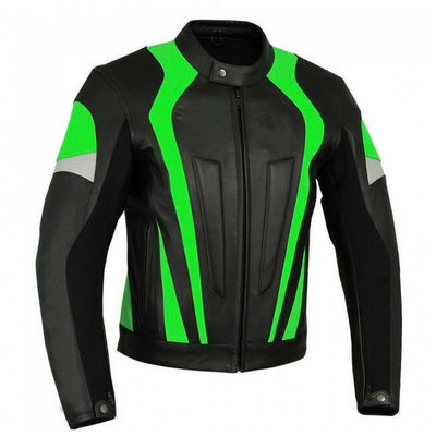 Customize men black motor bike green stripes genuine leather safety pads jacket - Thumbnail 3