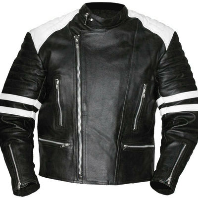 Customize men black white contrast motor biker genuine leather safety pad jacket - Thumbnail 4