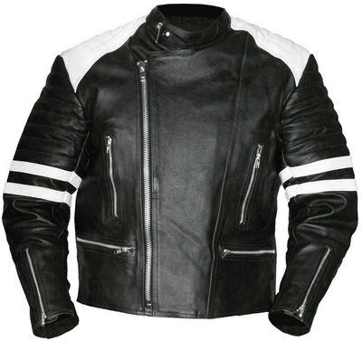 Customize Men Black White Contrast Motor Biker Genuine Leather Safety Pad Jacket