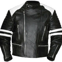 Customize Men Black White Contrast Motor Biker Genuine Leather Safety Pad Jacket - Thumbnail 4