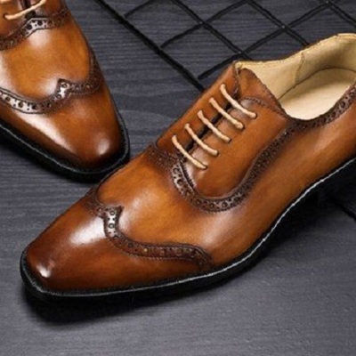 New men handmade men's brown leather wing tip formal lace up shoes - Thumbnail 2