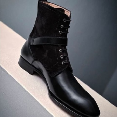 New men handmade black leather suede ankle high dress formal boots for men's - Thumbnail 3