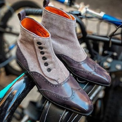 New men handmade two tone leather suede button top ankle high wing tip boots for men's - Thumbnail 2