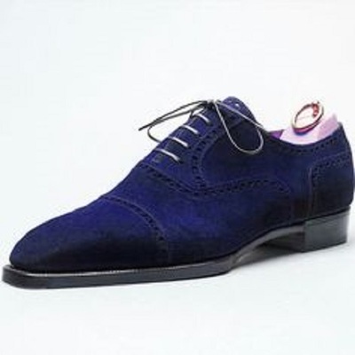 Men New Handmade Blue Suede Cap Toe Dress Formal Lace Up Shoes for Men's