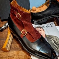 New Men Handmade Black & Burgundy Leather Suede Ankle High Caps Toe Monk Strap Boots for Men's - Thumbnail 1