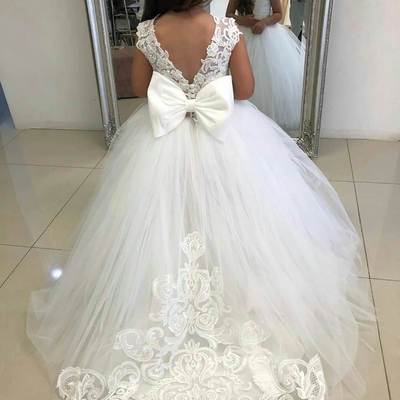 A-line round neck white tulle flower girl dresses with bow